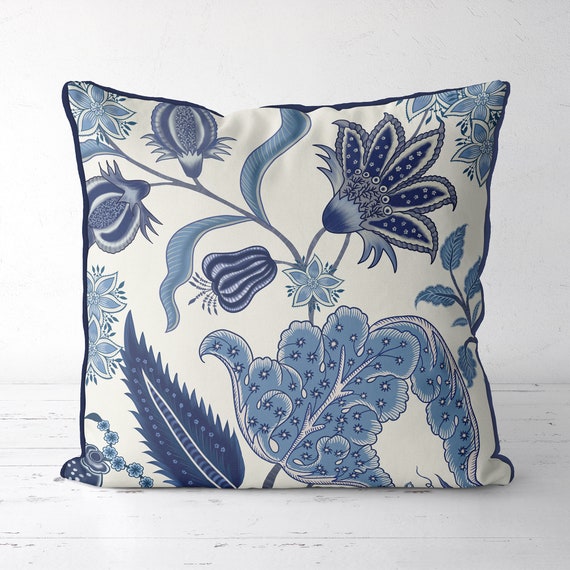 Blue and White Designer Pillow Cover, Jacobean Floral Style, Sofa Pillows,  Hampton Style Floral Eurosham Accent Cushion 18x18 HAZEGA 