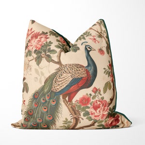 Peacock in Roses Pillow Cover, Handmade Decorative Designer Throw Cushion Cover, Print both sides, country cottage style peacock print