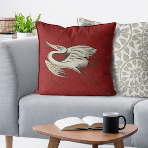 Red Crane Pillow Sham, Oriental cushion cover, chinoiserie style throw pillow, chinese decor, asian cushion cover, red pillow cover