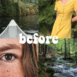Puede incluir: Un collage de cuatro im&aacute;genes: una canoa en un lago, una mujer con un vestido amarillo, un primer plano de un ojo y un arroyo que fluye por un bosque.