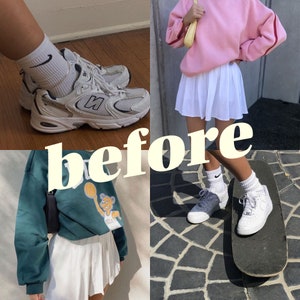 Puede incluir: Un collage de cuatro im&aacute;genes que muestran diferentes atuendos. La imagen superior izquierda muestra un par de zapatillas blancas con detalles negros. La imagen superior derecha muestra a una persona con una sudadera rosa y una falda plisada blanca. La imagen inferior izquierda muestra a una persona con una sudadera verde y una falda plisada blanca. La imagen inferior derecha muestra a una persona con zapatillas blancas y calcetines blancos mientras est&aacute; de pie sobre una patineta.