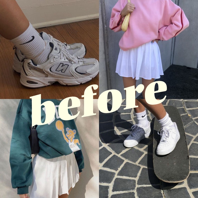 Puede incluir: Un collage de cuatro im&aacute;genes que muestran diferentes atuendos. La imagen superior izquierda muestra un par de zapatillas blancas con detalles negros. La imagen superior derecha muestra a una persona con una sudadera rosa y una falda plisada blanca. La imagen inferior izquierda muestra a una persona con una sudadera verde y una falda plisada blanca. La imagen inferior derecha muestra a una persona con zapatillas blancas y calcetines blancos mientras est&aacute; de pie sobre una patineta.