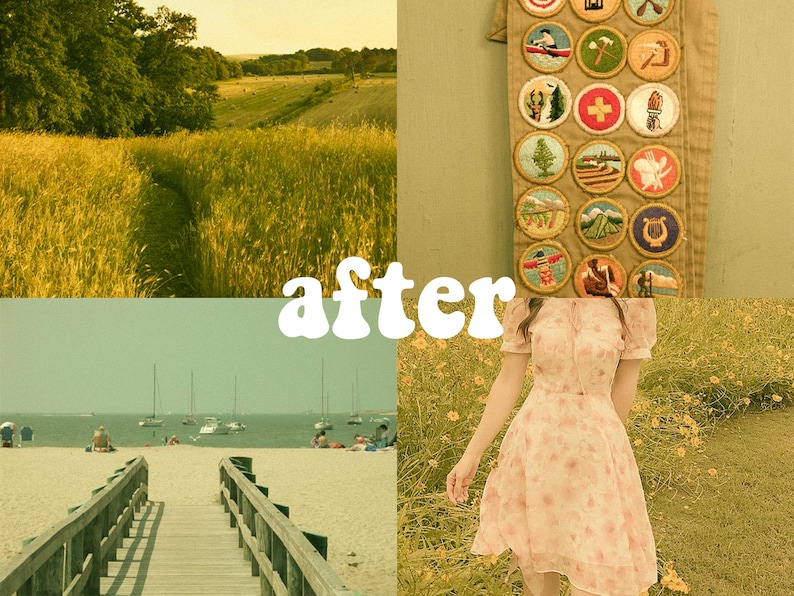 Puede incluir: Un collage de cuatro im&aacute;genes: un camino a trav&eacute;s de un campo de hierba alta, una banda con muchas insignias bordadas, un paseo mar&iacute;timo de madera que conduce a una playa y una persona con un vestido floral rosa de pie en un campo de flores amarillas.