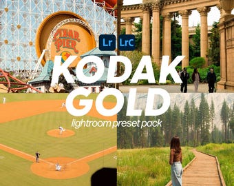 May include: A digital collage featuring four distinct scenes: a Pixar Pier amusement park ride, a classical architectural structure with columns, a baseball game on a field, and a person standing on a wooden path in a forest. Text reads KODAK GOLD.