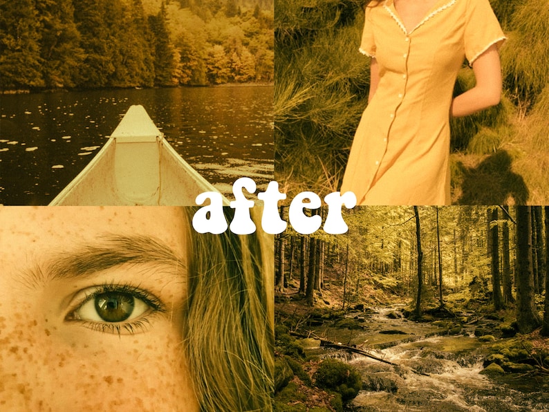 Puede incluir: Un collage de cuatro im&aacute;genes en un esquema de color amarillo. La imagen superior izquierda muestra una canoa en un lago con &aacute;rboles en el fondo. La imagen superior derecha muestra a una mujer con un vestido amarillo de pie en un campo de hierba alta. La imagen inferior izquierda muestra un primer plano del ojo de una persona con pecas. La imagen inferior derecha muestra un arroyo que fluye a trav&eacute;s de un bosque.
