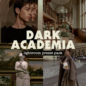 Puede incluir: Un collage de imágenes con un tema de academia oscura. La imagen superior muestra a un joven con cabello oscuro y una camisa negra. La imagen del medio muestra una biblioteca con estanterías y un suelo de madera. La imagen inferior muestra a una mujer con un abrigo marrón de pie en una calle adoquinada. El texto "DARK ACADEMIA" está escrito en letras grandes y en negrita en el medio del collage. El texto "lightroom preset pack" está escrito en letras más pequeñas debajo del texto grande.