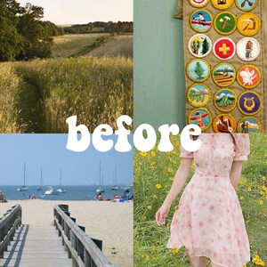 Puede incluir: Un collage de cuatro im&aacute;genes. La imagen superior izquierda muestra un campo de hierba alta con un camino que lo atraviesa. La imagen superior derecha muestra una banda con una variedad de insignias de Girl Scouts. La imagen inferior izquierda muestra una pasarela de madera que conduce a una playa de arena con barcos en la distancia. La imagen inferior derecha muestra a una persona con un vestido floral rosa de pie en un campo de flores amarillas.