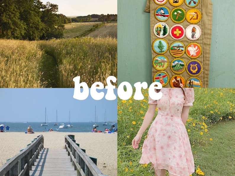 Puede incluir: Un collage de cuatro im&aacute;genes. La imagen superior izquierda muestra un campo de hierba alta con un camino que lo atraviesa. La imagen superior derecha muestra una banda con una variedad de insignias de Girl Scouts. La imagen inferior izquierda muestra una pasarela de madera que conduce a una playa de arena con barcos en la distancia. La imagen inferior derecha muestra a una persona con un vestido floral rosa de pie en un campo de flores amarillas.