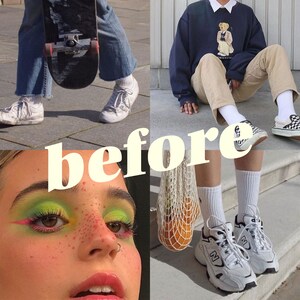 Puede incluir: Un collage de im&aacute;genes que muestran diferentes estilos y est&eacute;ticas. La imagen superior izquierda muestra a una persona con jeans azules y zapatillas blancas, sosteniendo una patineta. La imagen superior derecha muestra a una persona con un su&eacute;ter azul con un gr&aacute;fico de oso, pantalones beige y zapatillas blancas. La imagen inferior izquierda muestra un primer plano de la cara de una persona con maquillaje colorido. La imagen inferior derecha muestra a una persona con zapatillas blancas con una bolsa de malla blanca.