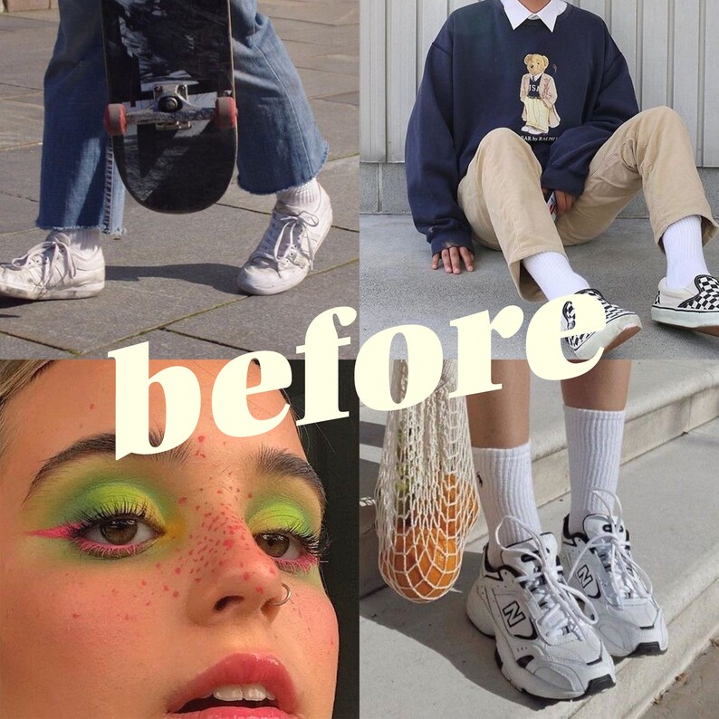 Puede incluir: Un collage de im&aacute;genes que muestran diferentes estilos y est&eacute;ticas. La imagen superior izquierda muestra a una persona con jeans azules y zapatillas blancas, sosteniendo una patineta. La imagen superior derecha muestra a una persona con un su&eacute;ter azul con un gr&aacute;fico de oso, pantalones beige y zapatillas blancas. La imagen inferior izquierda muestra un primer plano de la cara de una persona con maquillaje colorido. La imagen inferior derecha muestra a una persona con zapatillas blancas con una bolsa de malla blanca.