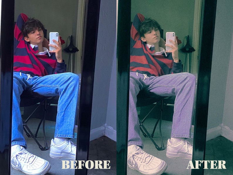 Puede incluir: Una persona lleva una camisa de manga larga a rayas rojas y azules, jeans azules y zapatillas blancas, est&aacute; sentada en una silla y se est&aacute; tomando una selfie en un espejo. La persona est&aacute; mirando el tel&eacute;fono en su mano. El espejo refleja a la persona y la habitaci&oacute;n detr&aacute;s de ella. El texto "ANTES" est&aacute; escrito debajo de la imagen en el lado izquierdo y el texto "DESPU&Eacute;S" est&aacute; escrito debajo de la imagen en el lado derecho.