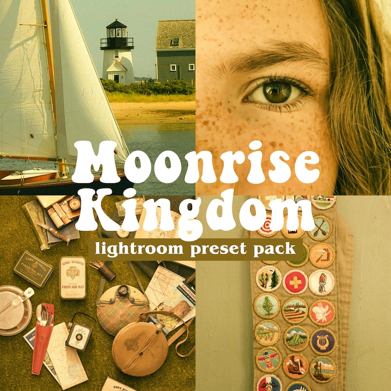 Puede incluir: Un collage de im&aacute;genes con una est&eacute;tica vintage. La imagen superior muestra un velero frente a un faro y una casa. La imagen del medio muestra el texto "Moonrise Kingdom" en una fuente retro con las palabras "lightroom preset pack" debajo. La imagen inferior muestra una colecci&oacute;n de art&iacute;culos de camping y escultismo vintage, incluyendo una br&uacute;jula, una cantimplora y una colecci&oacute;n de insignias de m&eacute;rito.