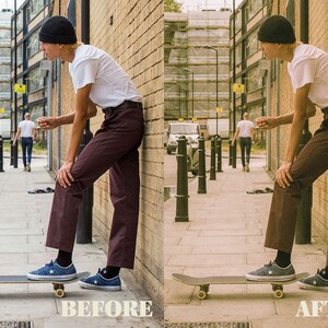 Puede incluir: Una persona con una boina marr&oacute;n y una camiseta blanca est&aacute; de pie sobre una patineta con un pie en el suelo y el otro en la tabla. La persona lleva pantalones marrones y zapatillas azules. La patineta est&aacute; en una acera frente a una pared de ladrillo. La palabra "ANTES" est&aacute; impresa en el suelo frente a la patineta.