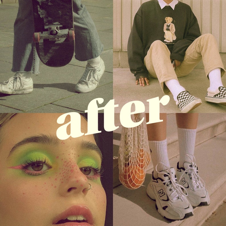 Puede incluir: Un collage de cuatro im&aacute;genes que muestran a diferentes personas con diferentes prendas y calzado. La imagen superior izquierda muestra a una persona con jeans y una patineta. La imagen superior derecha muestra a una persona con una camisa beige y pantalones con un gr&aacute;fico de un oso. La imagen inferior izquierda muestra un primer plano de la cara de una persona con maquillaje de ojos colorido. La imagen inferior derecha muestra a una persona con zapatillas blancas y una bolsa de malla.