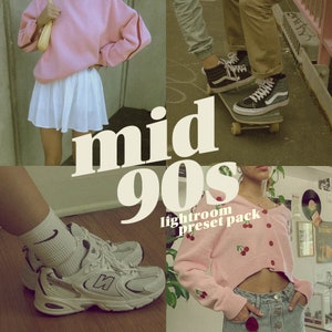 Puede incluir: Un collage de cuatro imágenes que muestran una estética de mediados de los 90. La imagen superior izquierda presenta a una persona con un suéter rosa y una falda plisada blanca. La imagen superior derecha muestra a una persona con pantalones marrones y zapatillas negras. La imagen inferior izquierda muestra a una persona con zapatillas blancas. La imagen inferior derecha muestra a una persona con un suéter rosa con bordado de cerezas y jeans azules. El texto "mid 90s Lightroom preset pack" se superpone a las imágenes.