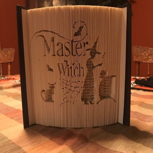 Op de afbeelding: Een boek met een 3D pop-up ontwerp van een heks met een kat en de woorden "Master Witch" op de voorkant.