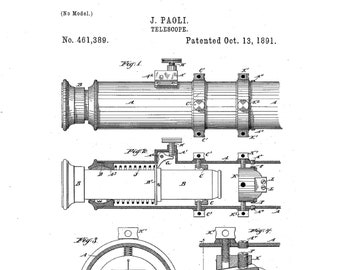 Original 1891 Telescope Patent Print +US Patent documentation, Telescope Patent,Maritime Patent,Nautical patent,telescope print,marine print