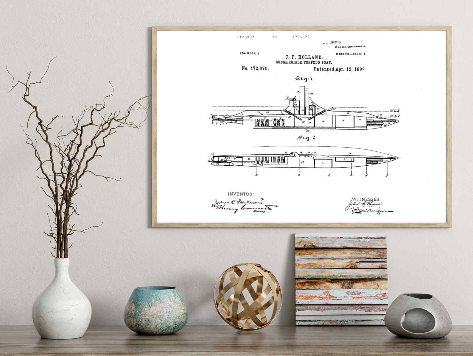 1892 Submergible Torpedo Boat Patent Print + US Patentdokumentation, U ...