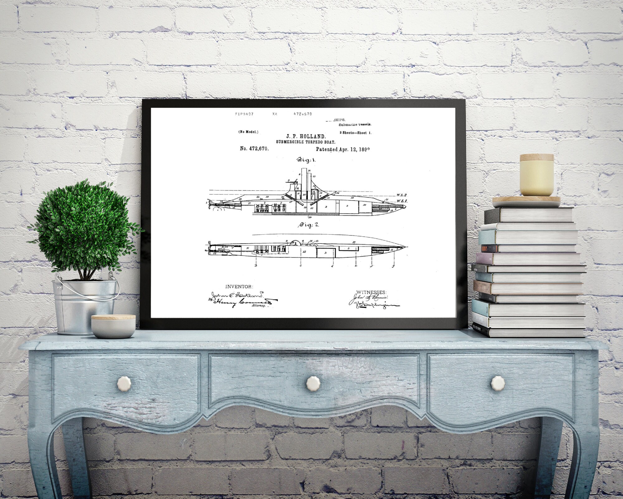 1892 Submergible Torpedo Boat Patent Print + US Patentdokumentation, U ...