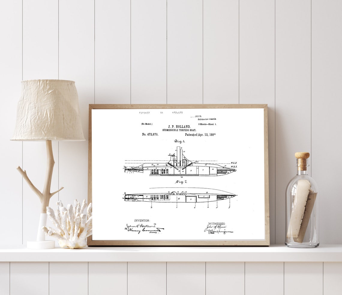 1892 Submergible Torpedo Boat Patent Print + US Patentdokumentation, U ...