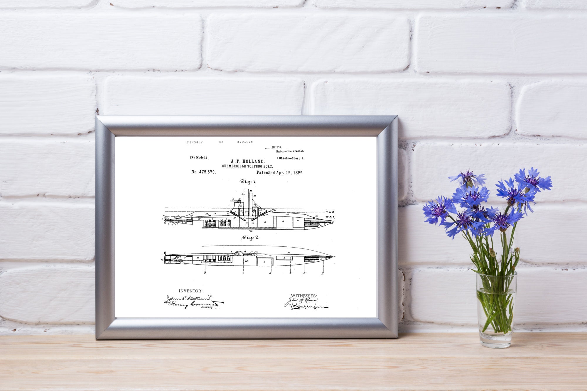 1892 Submergible Torpedo Boat Patent Print + US Patentdokumentation, U ...