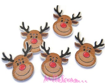 Wooden buttons, small reindeer buttons, christmas buttons, scrapbooking buttons, 5 pieces