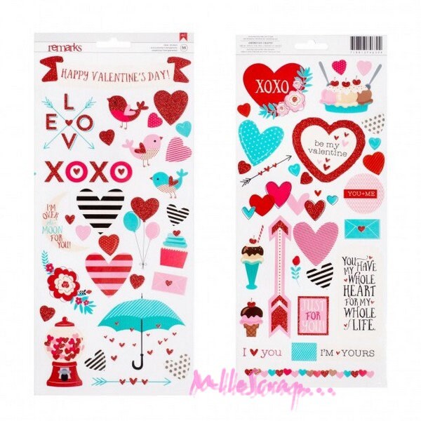 Stickers Saint Valentin, American crafts, stickers scrapbooking, 56 pièces