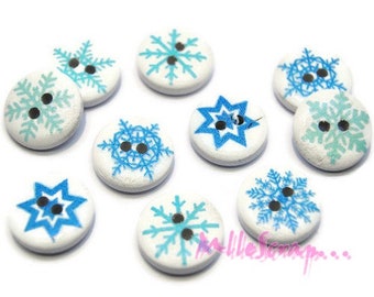 Boutons bois, boutons flocons de neige, boutons décorés, boutons scrapbooking, 10 pièces