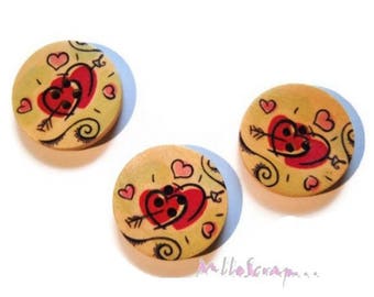 Boutons bois, boutons coeurs, boutons scrapbooking, 5 pièces