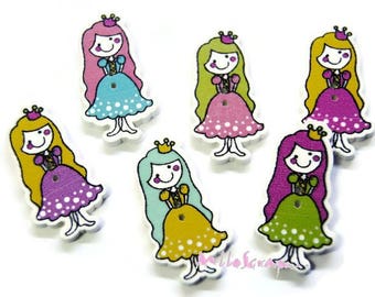 Boutons princesses, boutons bois, princesses bois, boutons scrapbooking, 8 pièces