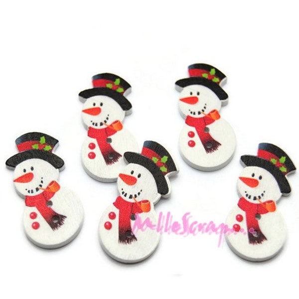 Boutons bois, boutons bonhommes de neige, boutons noel, boutons scrapbooking, 5 pièces