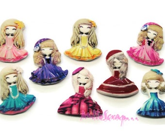 Cabochons little girls, little princesses, resin embellishment, scrapbooking, 8 pieces