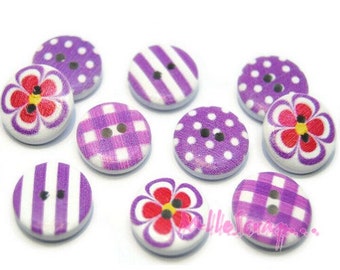 Boutons bois, boutons tons violet, boutons décorés, boutons scrapbooking, 10 pièces