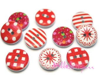Wooden buttons, red tone buttons, decorated buttons, scrapbooking buttons, 10 pieces