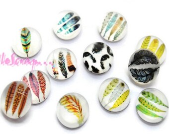 Glass cabochons, feather cabochons, scrapbooking embellishment, 12 pieces