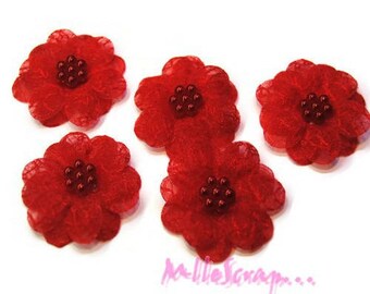 Flower appliques, fabric flowers, scrapbooking flowers, 5 pieces