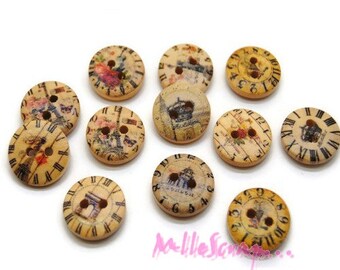 Boutons bois, boutons pendules, boutons scrapbooking, 12 pièces