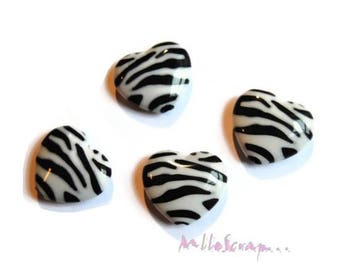 Cabochons hearts, zebra hearts, scrapbooking embellishment, 4 pieces