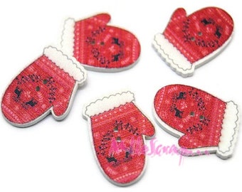 Boutons bois, boutons gants, boutons noel, boutons scrapbooking, 5 pièces