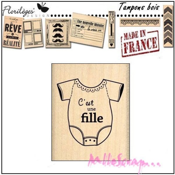 Tampon bois, C'est une fille, tampon Florilège Design, made in France, tampon scrapbooking