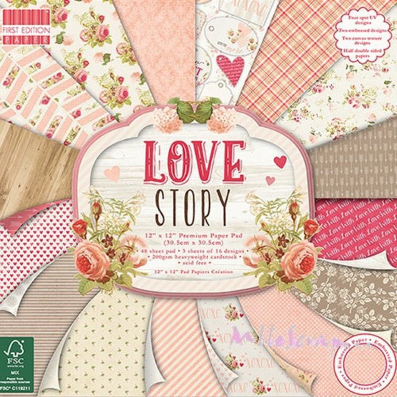 Paper printed 30.5 X 30.5 cm, collection Love Story, background papers, 16 leaves image 1