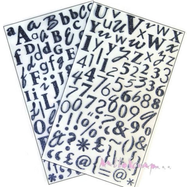 Stickers alphabets, stickers argentés foncés, stickers Dovecraft, stickers scrapbooking, 170 lettres
