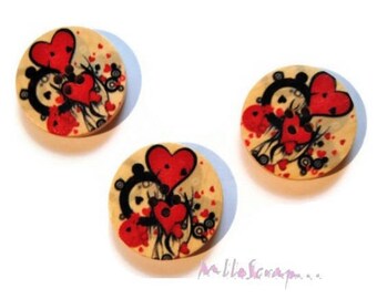 Wood buttons, heart buttons, scrapbooking buttons, 5 pieces