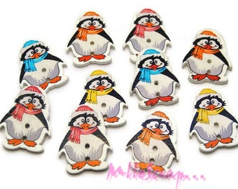 Boutons bois, boutons pingouins, NOEL, boutons scrapbooking, 10 pièces