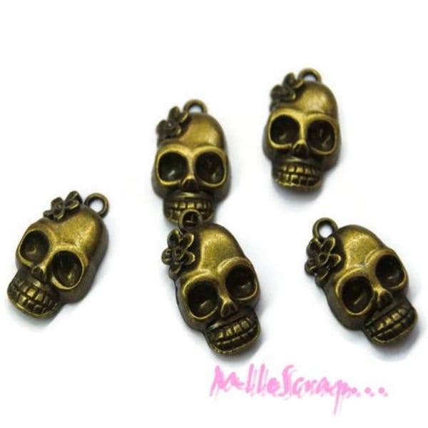 Breloques têtes de mort, têtes de mort bronze, embellissement scrapbooking, 5 pièces