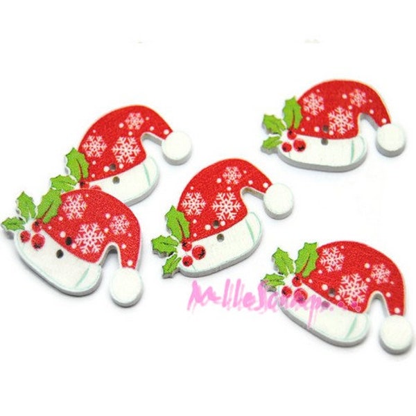 Boutons bois, boutons bonnets, boutons noel, boutons scrapbooking, 5 pièces