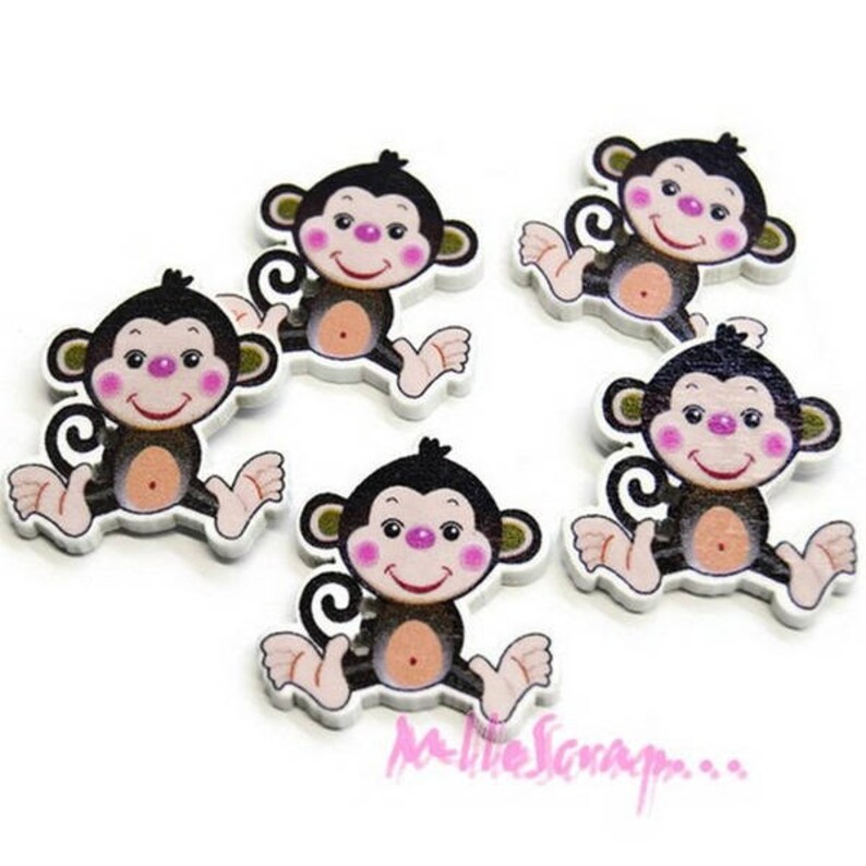 Boutons bois, boutons singes, boutons scrapbooking, 5 pièces image 1