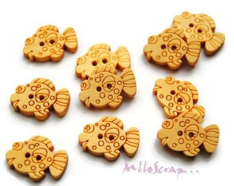 Fish buttons, wood buttons, scrapbooking buttons, 10 pieces