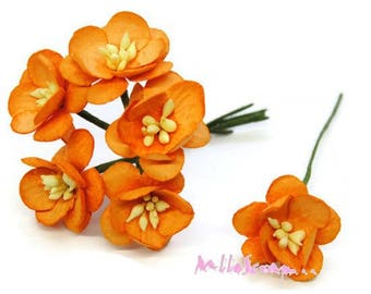 Fleurs papier, fleurs orange, embellissement fleurs, fleurs scrapbooking, 5 pièces