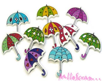 Boutons bois, boutons décorés, boutons parapluies, boutons scrapbooking, 10 pièces